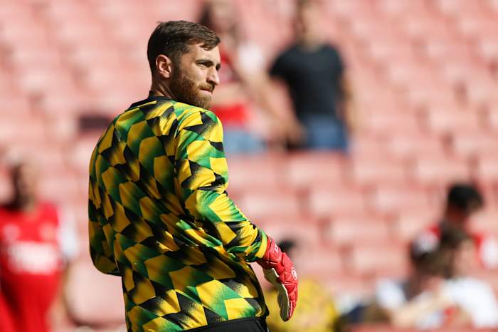 Matt Turner pictured warming up at Arsenal's Emirates Stadium before an EPL game against Fulham in August 2022